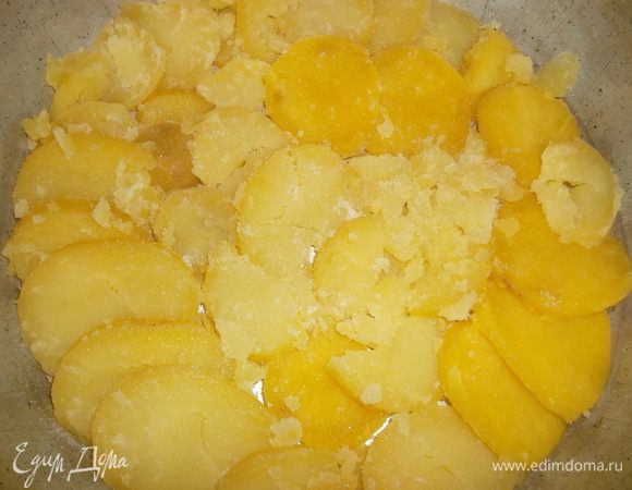 Картофель очистить и нарезать колечками (не тонко, где-то по 5 мм). В смазанную растительным маслом форму выложить один слой картофеля (стараясь поплотнее). Немного присолить (вообще все зависит от солености брынзы, у меня была не сильно соленая, так что я начинку не солила, а только немного картофельные слои)...