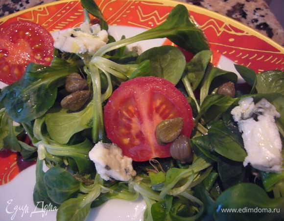 Салат обязательно хорошо промыть и высушить.
Томаты и сыр нарезать в произвольном порядке.Выложить всё на большое блюдо и полить дрессингом.
