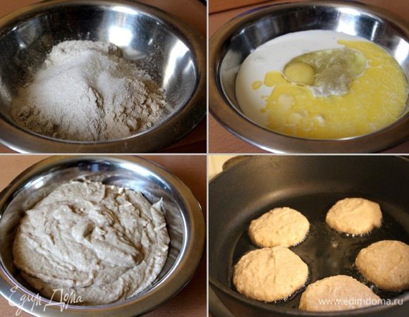 Все виды муки смешать с сахаром, солью и разрыхлителем. В отдельной миске смешать молоко, яйцо, сливочное масло и натёртую на мелкой тёрке грушу. Соединить обе смеси.  Выпекать оладьи на раскалённом растительном масле, выкладывая по 1 ст.л. теста.