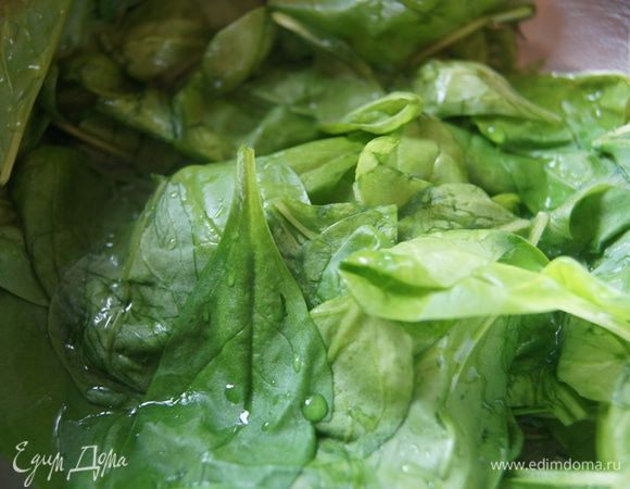 Кипятком из чайника залить свежие листья шпината на 1 минуту, затем хорошенько отжать и положить в блендер, туда же отправить желток, сливочное масло, соль, сахар, еще раз все взбить.