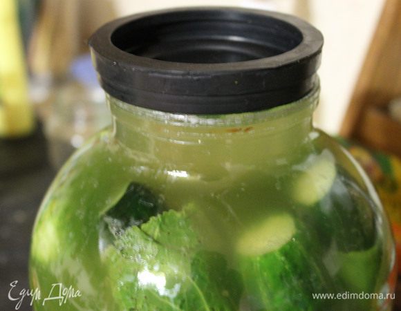 Полученным рассолом заливаем огурцы, до краев банки. Банку ставим в глубокую тарелку, т.к. при брожении рассол может немного выплескиваться. На банку сверху положить крышку, дном вниз и оставить на 3 дня при комнатной температуре.