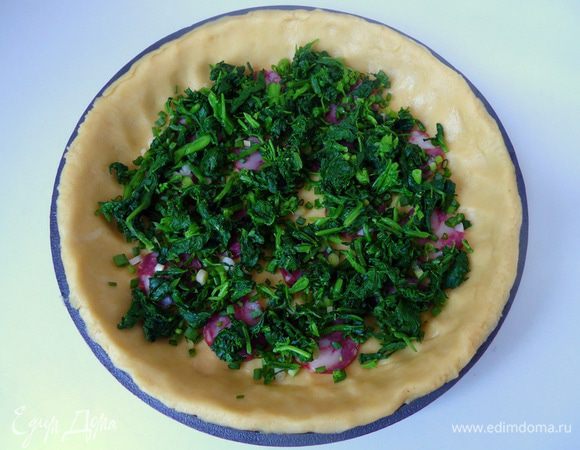 На дно разложить колбасу, лук и зелень.
