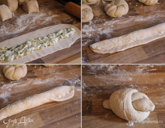 В кастрюлю налить 2 литра воды, насыпать 2(с горкой) или 3 ст.л. соды и довести воду до кипения.* Пока вода закипает, тесто разделить на 8 частей. Каждую часть теста раскатать в длинный овал (22х7см). На середину выложить 1,5 ст.л. начинки. Накрыть начинку одной стороной теста и тщательно прижать пальцами. Другой, свободный от начинки конец теста обернуть вокруг в виде рулета. На присыпанной мукой рабочей поверхности немного раскатать получившийся рулет руками и завязать узлом. К сожалению настоящий крендель мне скрутить не удалось. Начинка постоянно стремилась наружу.