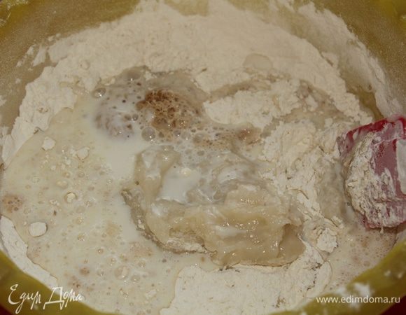 мучную заварку и подошедшие дрожжи.