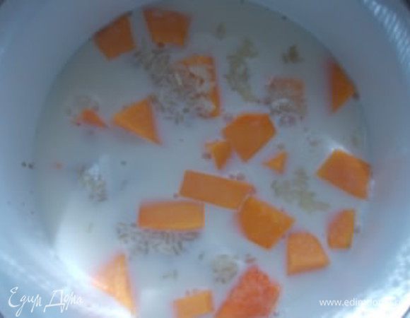 Залить молоком и поставить варится на медленный огонь.