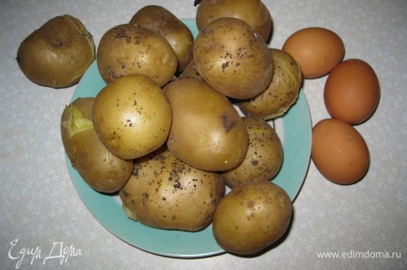 Яйца взбить. Картофель отварить в мундире до готовности. Еще теплым очистить и протереть через металлическое сито.