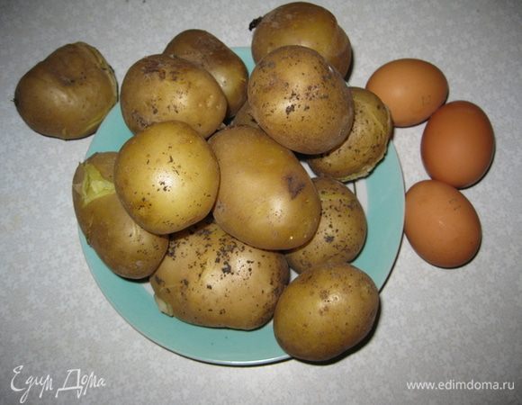 Яйца взбить. Картофель отварить в мундире до готовности. Еще теплым очистить и протереть через металлическое сито. 