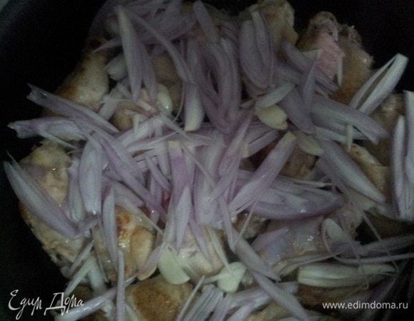 Нарежьте лук и чеснок вдоль и положите в сотейник. Лук стал немного прозрачным, пора добавить смесь (мед + 1 ст. ложка натертого имбиря + мускатный орех + сок лимона, можно добавить красный перец). Через пару минут влить вино не до конца покрывая крылышки. Тушить до образования густого соуса.
                                                    Приятного аппетита!