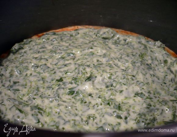 Собираем наш торт. Выкладываем блинчик на дно формы, сверху начинку из шпината, выравниваем, кладем следующий блинчик, приминаем его слегка руками.