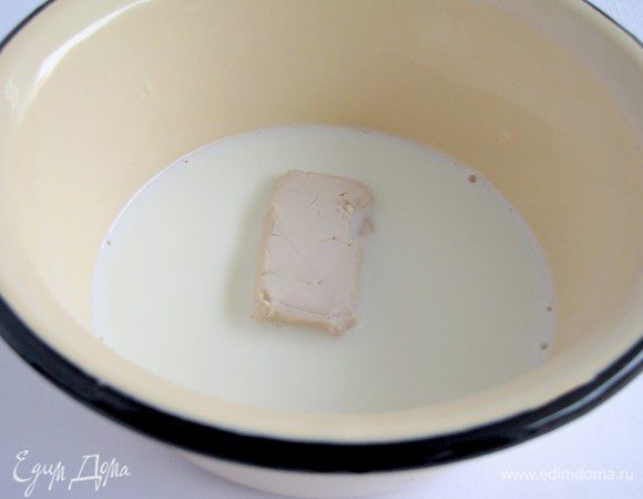 Т.к.  дрожжи у нас свежие, сначала приготовим опару. В теплом молоке растворить дрожжи.