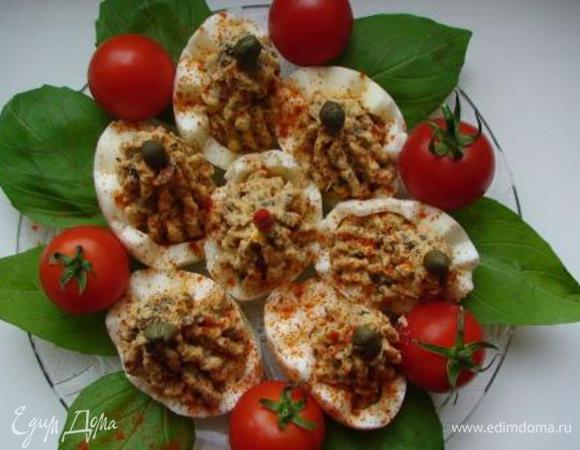 С помощью кондитерского шприца (или по-простому, ложечкой) выложить массу в половинки яиц, украсить каперсами. Можно посыпать блюдо паприкой.