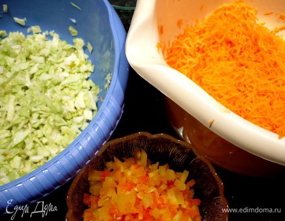Подготовим овощи для начинки. С паприки снимем кожицу, используя самую мелкую терку. Капусту нашинкуем мелким кубиком, перемешаем с соком лимона, сахаром и парой щепоток соли, хорошо пожмем ее, чтобы она дала сок. Морковь натрем на средней терке. Лук порежем мелким кубиком. Паприку также порежем мелко. 