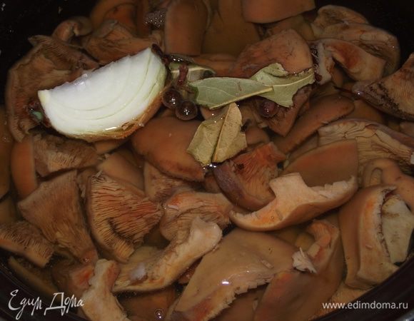 Рыжики моем, разрезаем пополам, отправляем в кастрюльку. Заливаем холодной водой и доводим до кипения. Первую воду обязательно сливаем, поскольку рыжики имеют интенсивный запах. Снова заливаем холодной водой, добавляем специи, лук, соль и отправляем на плиту. Доводим до кипения. Как только появиться пена, собираем ее и уменьшаем огонь.