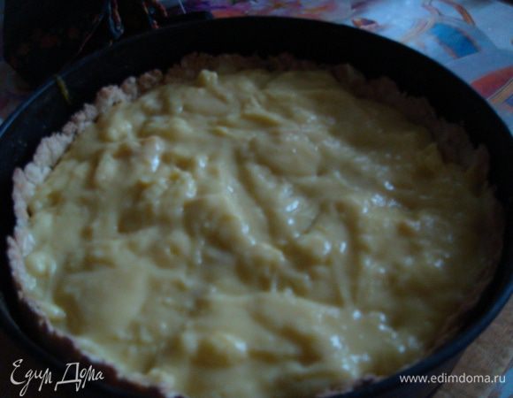 Паренную тыкву, нарезанную предварительно на удобные вашему вкусу кусочки выложить в форму поверх коржа. Лишней жидкости дать предварительно стечь. Крем: яйцо взбить в пену с сахаром и ванилью, ввести крахмал или муку, добавить молоко или сливки, вымешать. На неб.огне довести до кипения, но не кипятить!Непрерывно помешивая крем, до загустения. Охладить. Выложить охлажденный крем поверх тыквы.