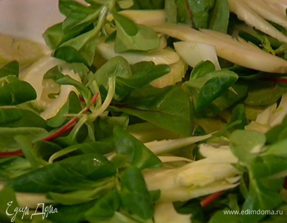 Листья салата выложить на тарелку, перемешать с фенхелем и сельдереем, посыпать петрушкой, затем выложить цветную капусту, все перемешать и полить еще немного заправкой.