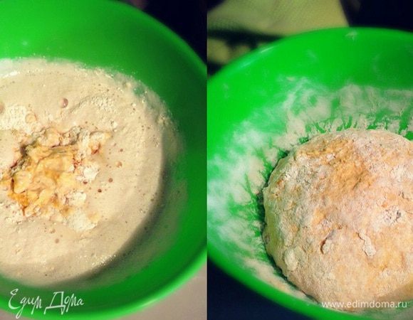 Займемся тестом для хлеба .....в миску налить  теплой жидкости от  оставшейся после варки тыквы, добавить дрожжи, немного соли и 1 ст. ложку сахара 2-3 ложки муки, размешать накрыть полотенцем и оставить на 15 минут, когда увеличится в объеме и запузырится добавим сюда половину тыквенного пюре и муку .....добавить взбитое венчиком яйцо....замесить  тесто....но  если вдруг у вас тесто получилось очень сухое  добавьте  пару ложек жидкости от варки тыквы или теплой воды...хотя и тыквенное пюре содержит достаточное количество жидкости для теста....теперь замесим тесто 15 минут руками....свернем в шар накроем и уберем в теплое место минут на 40......