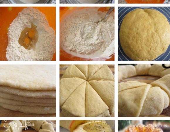 Молоко слегка нагреть, добавить дрожжи, сахар, воду, просеять 2 столовые ложки муки, оставить подняться.

Муку просеять, добавить соль, яйца,уксус, масло и опару.

Замесить тесто, накрыть и поставить в теплое место на  минимум на 1 час.

Разделить тесто на 5  одинаковых частей. Раскатать лепешки диаметром 20 сантиметров

Сложить лепешки стопкой, одну  на другую.
 
Острым ножом сделать  8 надрезов от центра к краю.
 
Полученные треугольники теста поочередно закрутить наружу.

Яблоко разрезать на тонкие дольки и выложить между разрезами.

  
Взбить яичный желток и с помощью силиконовой кисточки смазать кольцо.Оставить на 15 минут.
 
Поверхность кольца посыпать сахаром и маком.
 
Выпекать при температуре 185 градусов примерно 30-35 минут.
