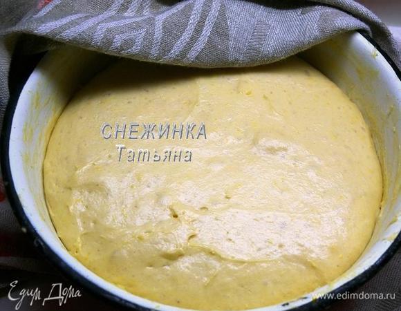 Накрывает тесто полотенчиком и ставим в тёплое место на 1-1,5 часа. Оно должно подняться минимум в 3 раза. Вот так оно выглядело у меня через 1 час.