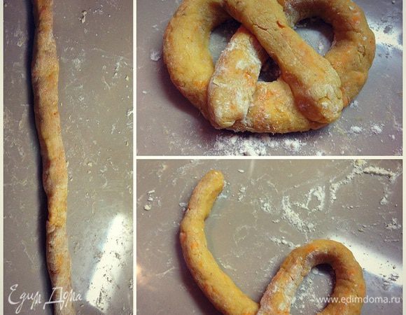 Берем по одному шарику из холодильника и формируем крендель...