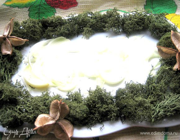 Делаем обрамление (у меня из мха) на блюде для подачи грибочков.