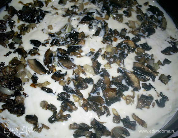 Лаваш, бешамель, и половина грибов с луком.