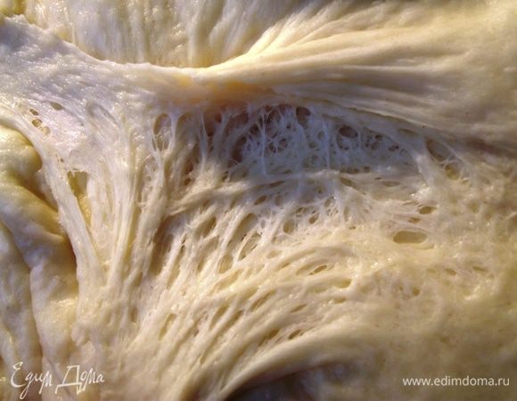 Тесто при разрезе должно быть достаточно пористым и воздушным. 
Когда тесто увеличится в объеме в 2 раза, обомните его, снова накройте и оставьте до тех пор, пока оно не поднимется еще раз. Поднявшееся второй раз тесто готово к формированию  пирога.