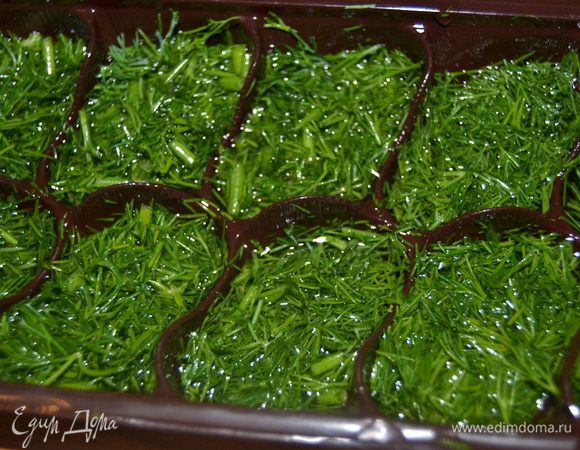 А мы сделаем ледяные, зеленые кубики. В формы для льда и упаковки из под конфет, разложить измельченную зелень и залить холодной водой.