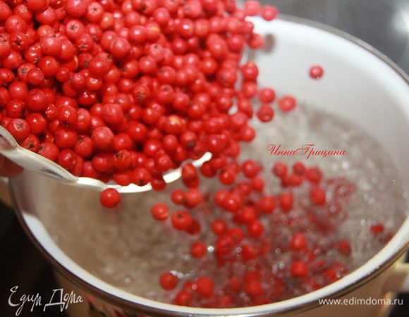 Рябину перебрать, снять с веточек, вымыть под проточной водой. Ягоды засыпать в кипящую воду.