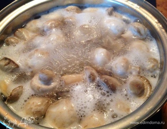 Отварить в течении 5 минут в чуть подсоленной воде. Потом грибы откинуть на дуршлаг.
