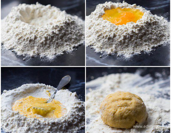 Первым делом приготовим тесто. Я это делаю по рецепту Лены Аздора. Соберите горку из муки. В середине сделайте углубление. В углубление разбейте 3 яйца. Начните потихоньку размешивать яйца вилкой, захватывая муку с краев. Когда тесто немножко загустеет, продолжайте мешать пальцами, а затем — рукой. Замесите тесто, сформируйте шар, заверните в пленку и отправьте отдыхать на полчаса.