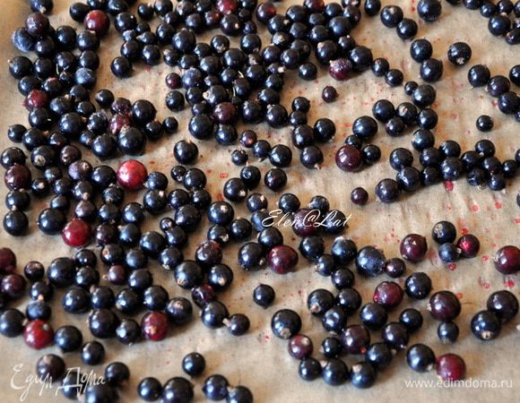 Смородину выложить на заранее застеленный пергаментом противень. Нагреть до 80-100С духовку. Противень со смородиной поставить в духовку. Сушить примерно 2 часа. 