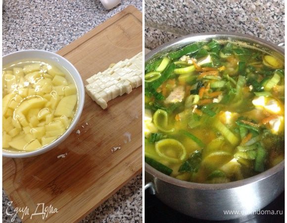 Нарежьте картофель и сыр кубиками. В воду добавьте картофель. Когда вода закипит, добавьте фарш и сыр. Помешивайте для полного растворения сыра. Дайте настояться. Готово! 