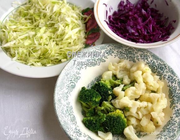 Белокочанную и краснокочанную капусту отдельно мелко шинкуем, присыпаем маленькой щепоткой соли и немного растираем рукой, чтобы она стала мягче и пустила сок. Цветную капусту и брокколи делим на небольшие соцветия. Опускаем на 1 минуту в кипящую слегка подсоленную воду, вынимаем.