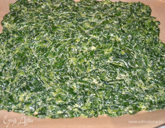 Противень застелить пекарской бумагой, выложить шпинатную массу. Разровнять и выпекать в разогретой до 180 гр.духовке в течении 15 минут.