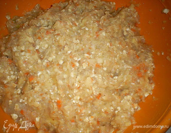 Полученный фарш посолите по вкусу и перемешайте с овсяными хлопьями. Если фарш получился слишком жидким, хлопьев можно положить больше. Поставьте фарш в холодильник на 30 минут.