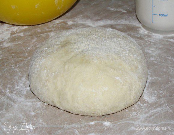 Добавить яйцо и муку. Замесить не слишком крутое, гладкое и эластичное тесто. Завернуть тесто в пленку и дать постоять минут 20.