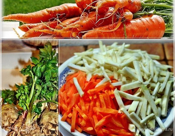 Корне…, извините, плоды разделывать будем так.
Морковь. Режем на не сильно толстые полосочки – брусочки. Сельдерей. Корешки распускаем тоже соломкой и тоже довольно тонкой.
