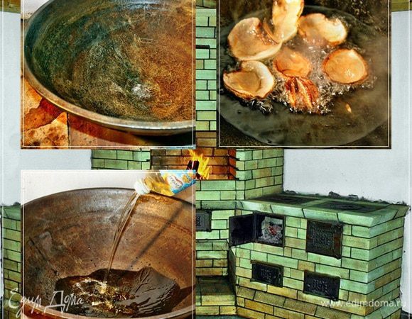 Ну вот. Вроде все и готово. А потому – растапливаем печку и….
Казан. Как водится, раскаляем и вливаем в него масло. Растительное.  Хоть хлопковое и есть в запасе, но мы взяли подсолнечное. Не сильно много. В нашем случае грамм стописят – двести.
А потом, тут никакой Америки не открываю, кинули половинку головки лука и изжарили её. До практически почернения. И выбросили потом.
