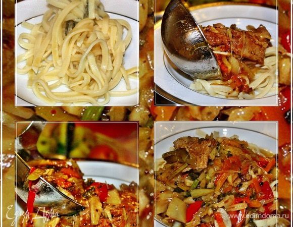 А раскладываем вот как…. Сначала в тарелку положим немного лапши. А поверх нее сначала кусок мяса, потом зацепим погуще овощей и добавим бульона. 