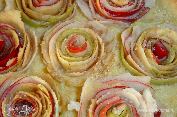 Таким образом заполняем цветами всю поверхность пирога, сверху розы посыпаем сахаром и корицей, а затем отправляем в духовку на полчаса при температуре 180 гр.