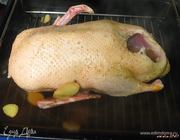 Утку ошпарить маринадом со всех сторон, кожа немного стянется и потемнеет.