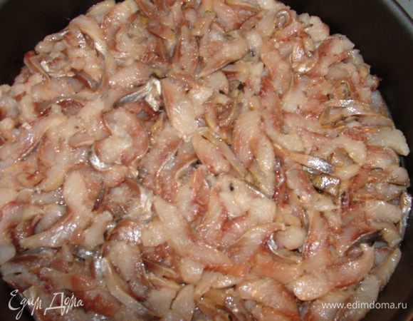 Выложить первый слой. У меня форма 26 см, помещается 4 полутушки селедки. Придавить.