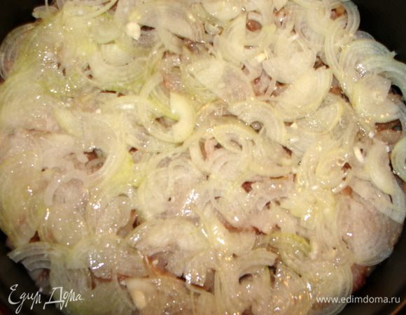 Выложить сверху. Чуть присолить и сбрызнуть растительным маслом. Все последующие слои лука маслом сбрызгивать уже не нужно, иначе оно будет вытекать.