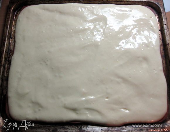 Противень застелить бумагой для выпечки и слегка смазать сливочным маслом.
Тесто вылить на противень и равномерно распределить по всей поверхности.
