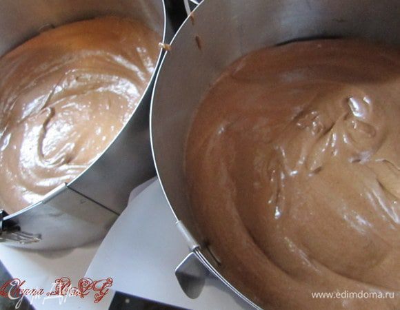 Подготовить две формы 20-22 см застеленные пергаментом. 
Вылить тесто.
Выпекать при температуре 160-180 градусов (в зависимости от вашей духовки), 20-25 минут. За коржами следить, так как такое тесто быстро пересушивается. Готовность проверить шпажкой, как только шпажка сухая- коржи готовы.

