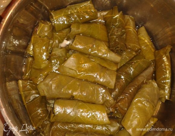 Выложите долму в кастрюлю, налейте воды, посолите, поставьте тарелку, сверху груз и 15 минут варите на сильном огне, 45 минут - на медленном огне.