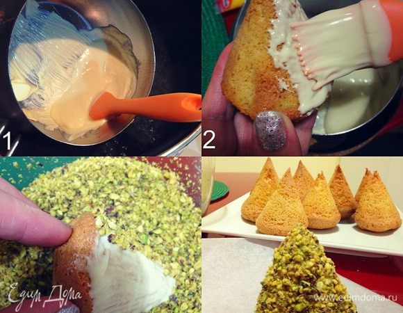 Растопить шоколад на водяной бане,пирожные обмазать кисточкой обмакивая в шоколад и обвалять в фисташках......убрать минут на пять в морозилку....