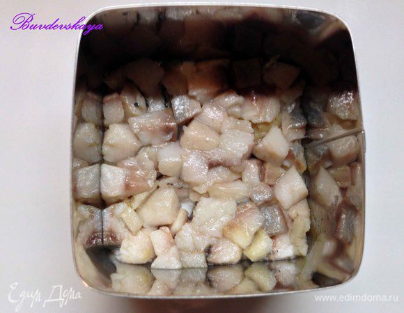 Филе слабосоленой сельди нарезаем мелкими кубиками. Берем небольшие тарелки, ставим в центр сервировочное кольцо (у меня квадрат) и аккуратно выкладываем кусочки сельди. Слегка утрамбовываем, перчим и делаем сеточку из майонеза.