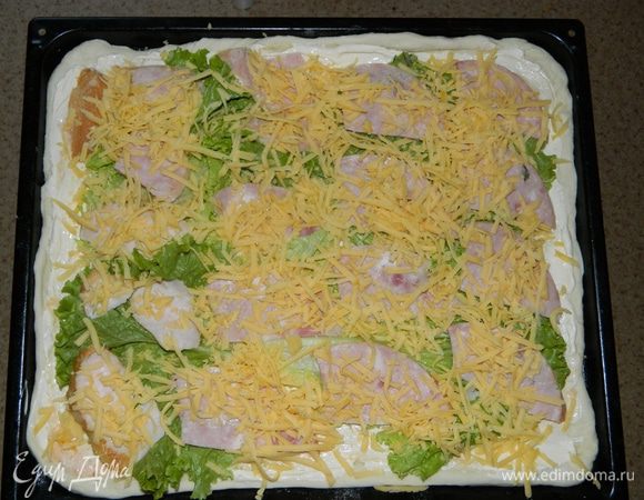 Готовое тесто раскатать толщиной 3-5 мм. Выложить на лист. Сверху тесто смазать жирной сметаной, не кислой. Поверх сметаны кладем измельченные томаты. Затем укладываем листья салата. Затем порезанное на кусочки мясо. Мясо можно брать любое: вареное, копченое, колбасу, ветчину, курицу, свинину... И посыпаем все натертым сыром.