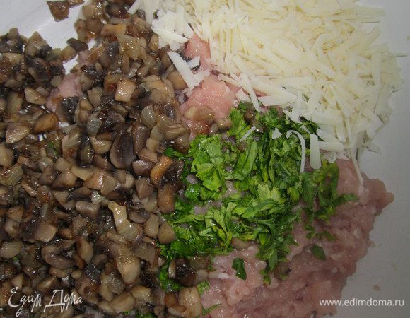 В мясной фарш добавитьобжаренные грибы с луком, желток, нарезанную мелко зелень петрушки, натёртый на крупной тёрке сыр, соль, перец и хорошо перемешать. 

